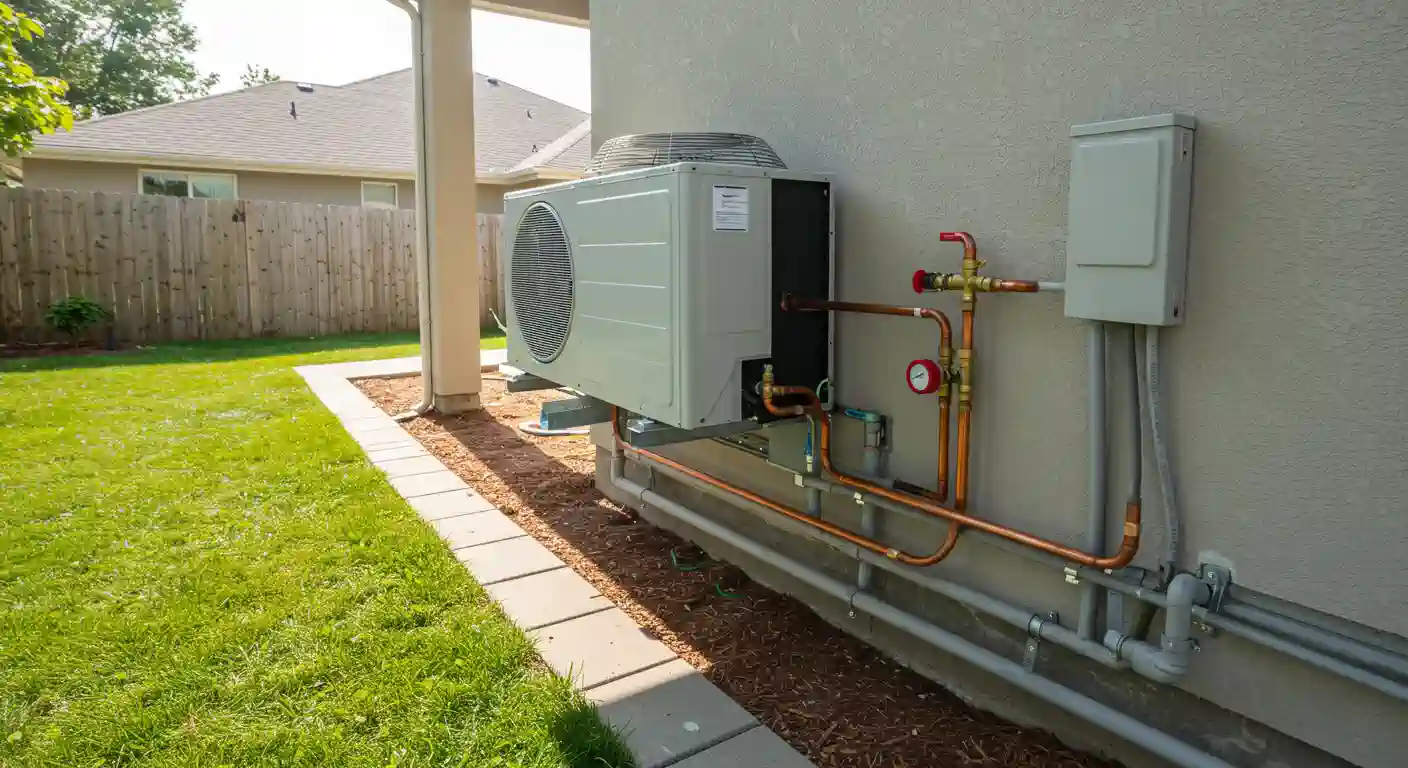 An outdoor, ground-level view shows a compact, gray HVAC unit, likely a mini-split condenser or heat pump, mounted on a wall with a stucco finish under a patio cover. Copper refrigerant lines with red valves and gauges are visible, along with gray conduit for wiring, all running to the unit and an electrical disconnect box mounted higher on the wall. The unit is bordered by a mulched garden bed and a well-kept green lawn.