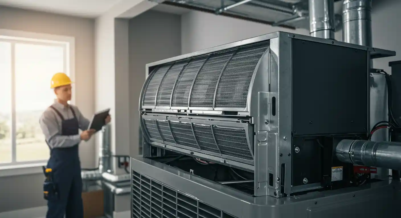 A close-up shot focuses on the large, mesh-covered filter section of a commercial or industrial HVAC unit or air handling system. In the blurred background, a technician wearing a yellow hard hat and blue overalls is holding a tablet or clipboard, appearing to inspect the surrounding equipment in a utility room with a window.