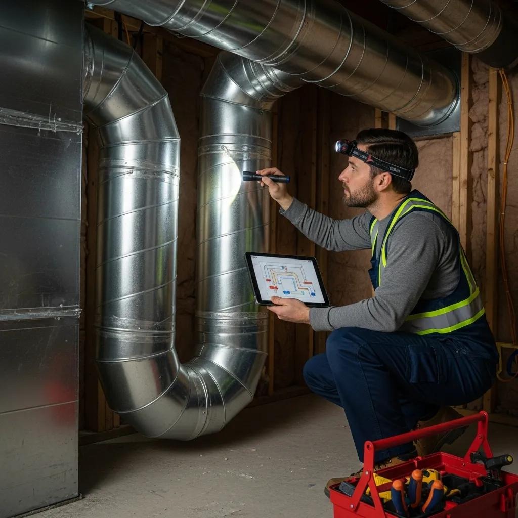 Technician checking ductwork for leaks to diagnose airflow and temperature problems