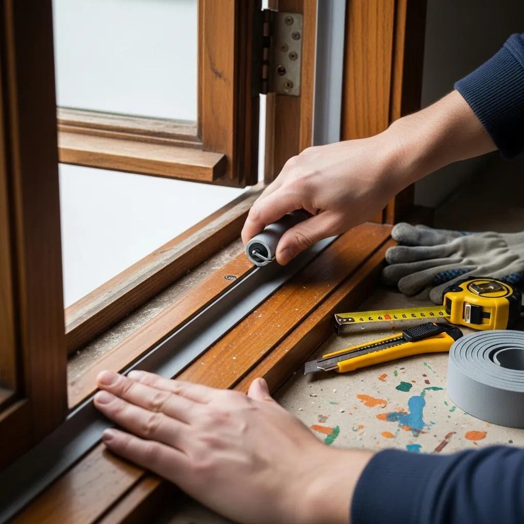 Homeowner applying weatherstripping around a window to reduce drafts and improve comfort