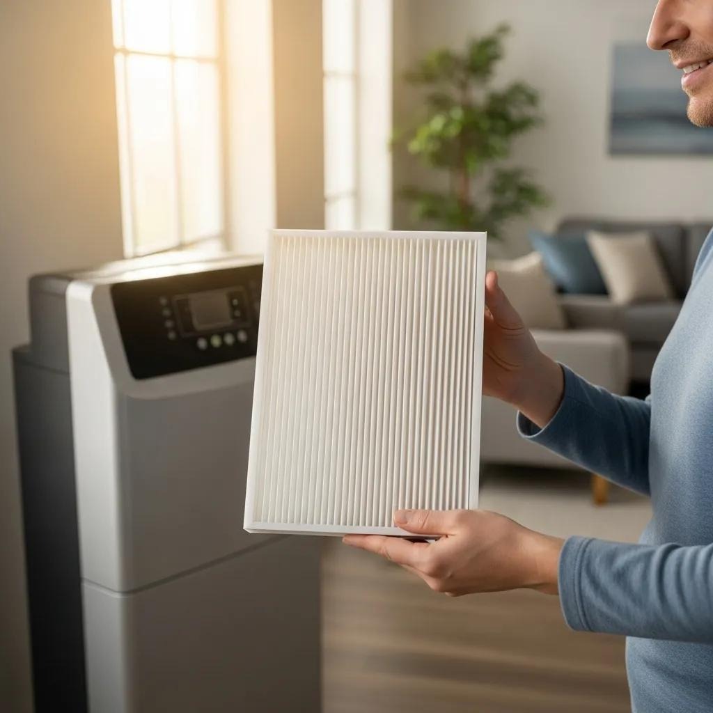 Homeowner holding a clean HVAC air filter, showing improved indoor air quality and maintenance