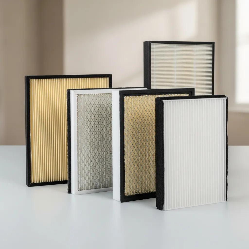 Selection of HVAC air filters — pleated, fiberglass, and HEPA — to help homeowners compare options