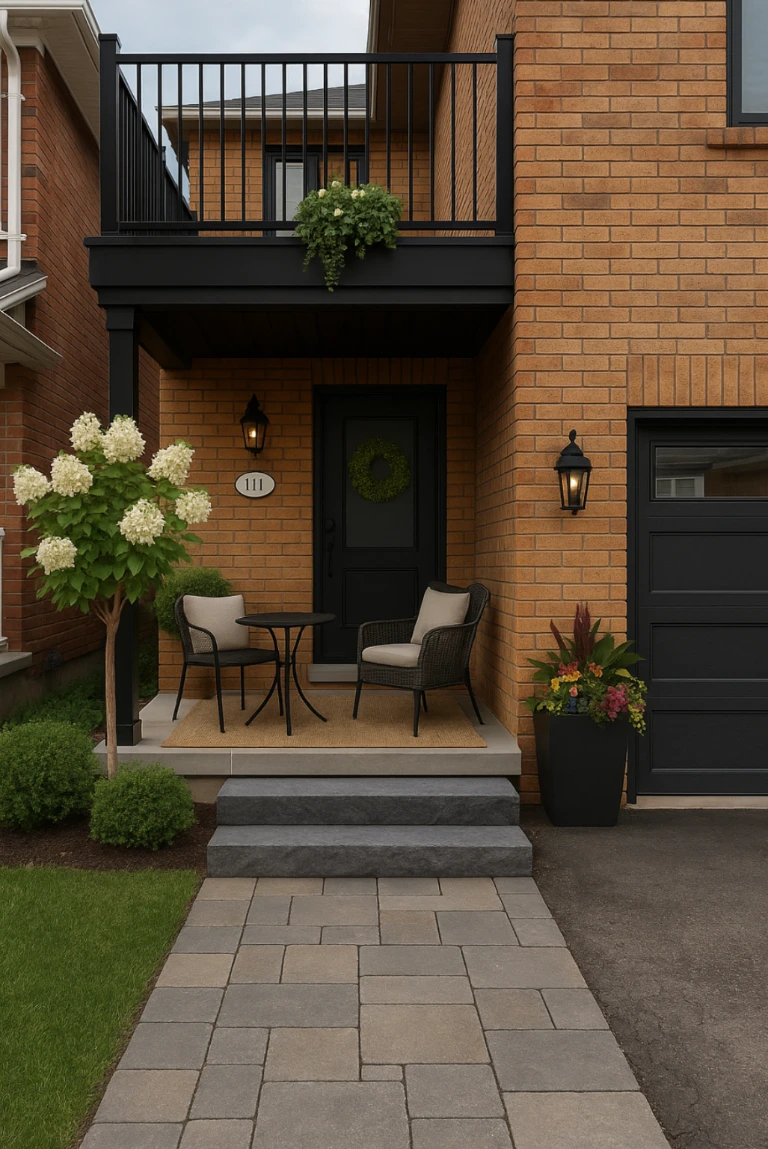 Custom visual preview of a second-floor deck with black aluminum railings and support column — Front Line Masters