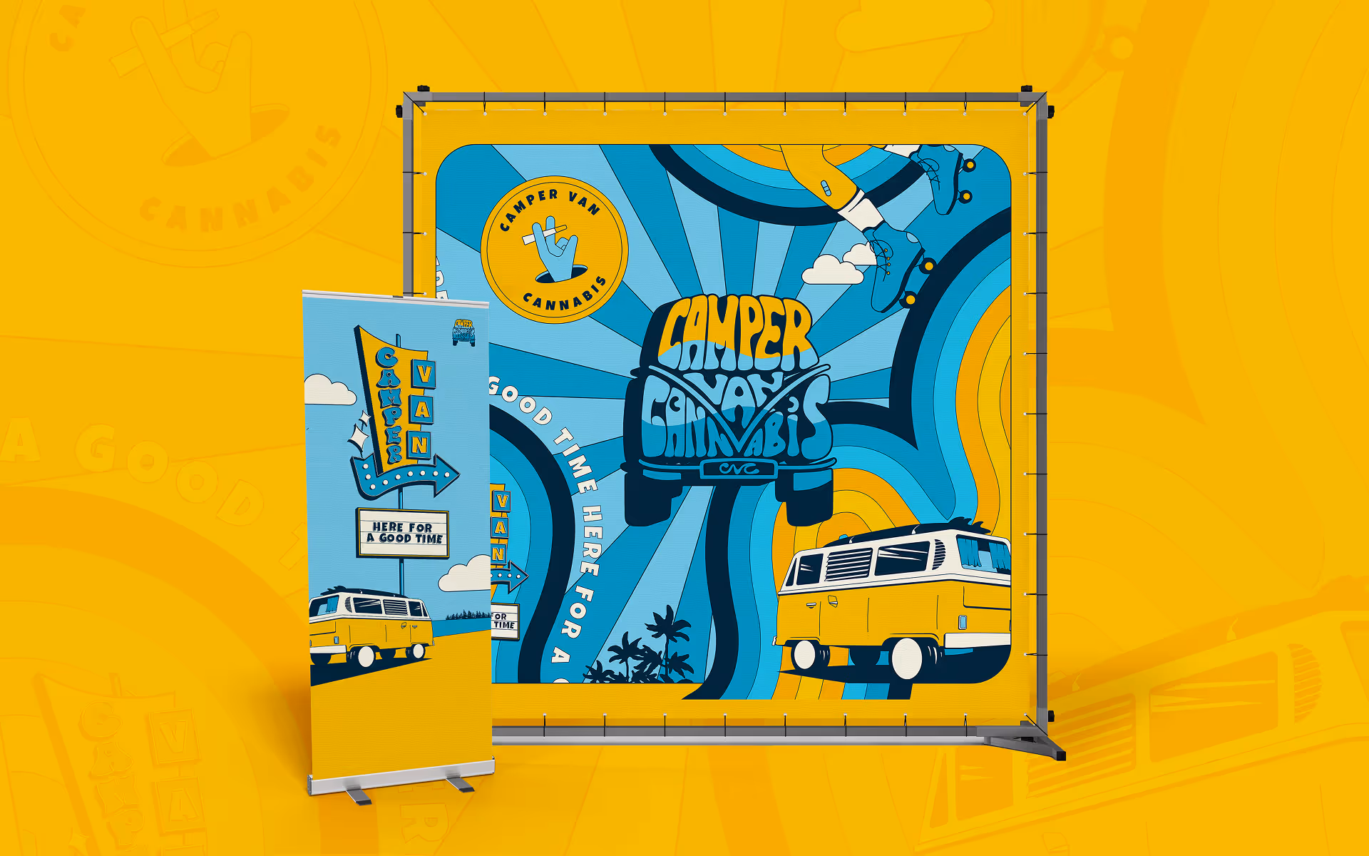 A pull up banner and backdrop for campervan cannabis showcasing bright colours and retro styles
