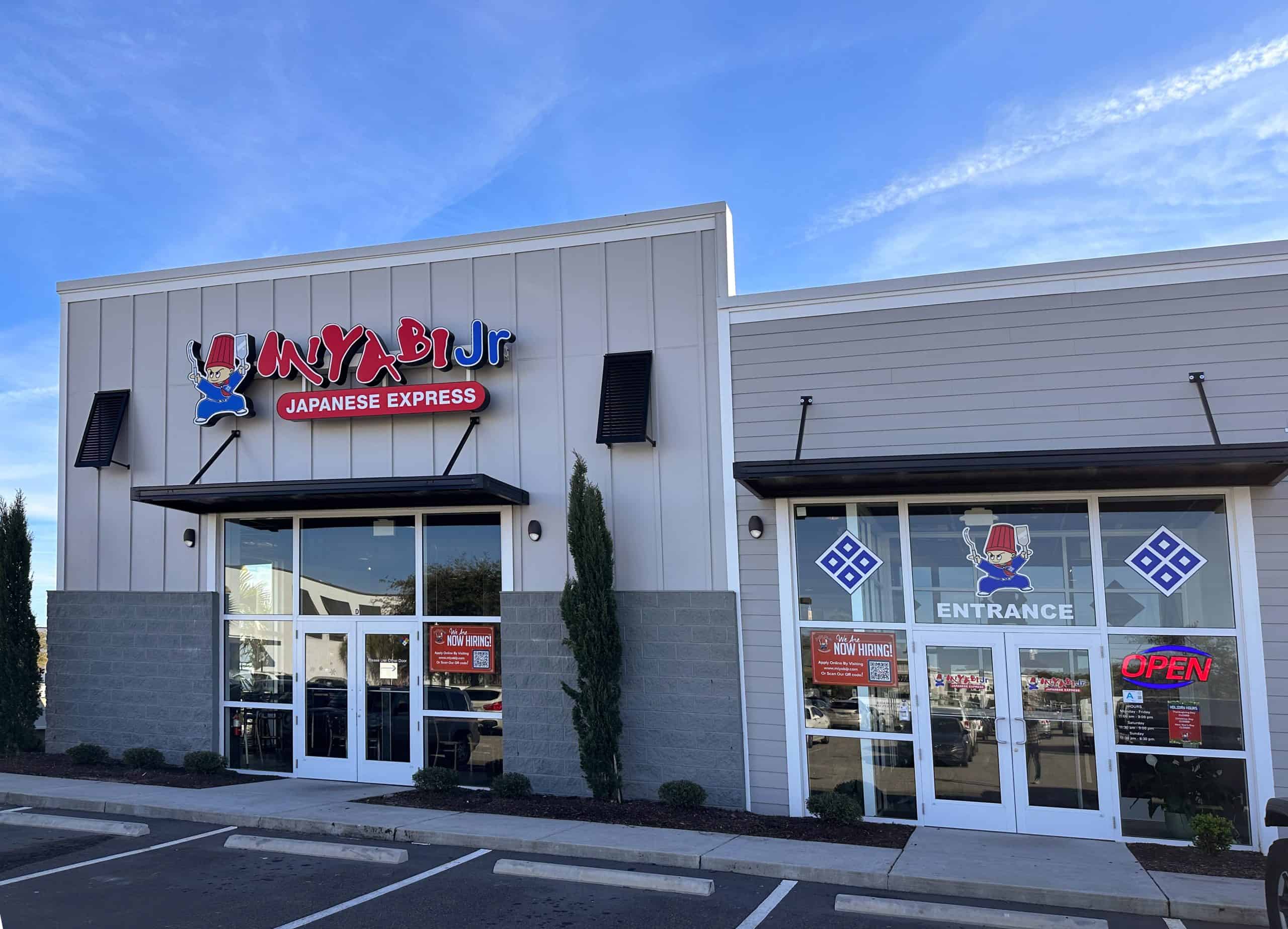 Miyabi Jr. Express storefront in Carolina Forest, SC, with signs above its glass entrances.