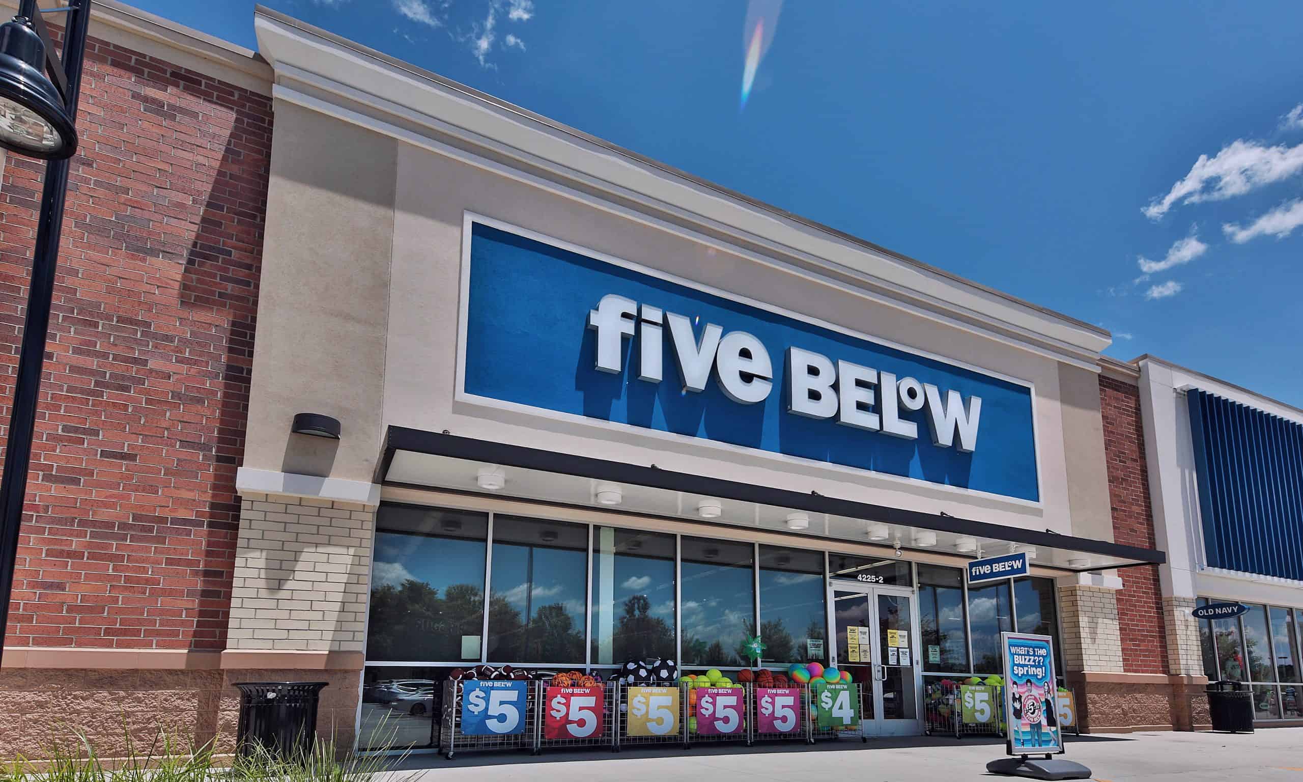 Five Below storefront and glass entrance in Evans, GA.