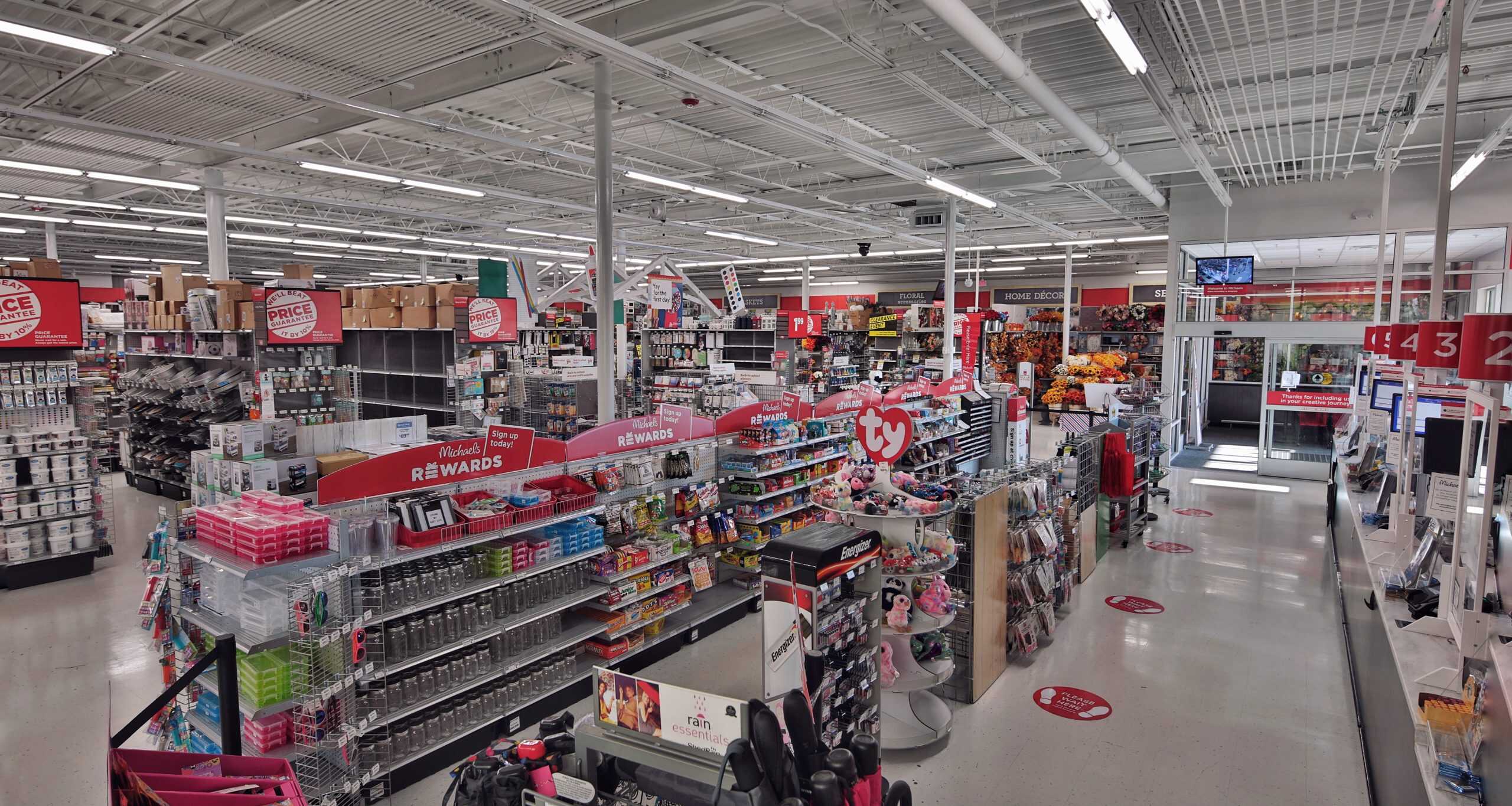 Merchandise aisles and checkout area inside Michaels in Athens, GA.