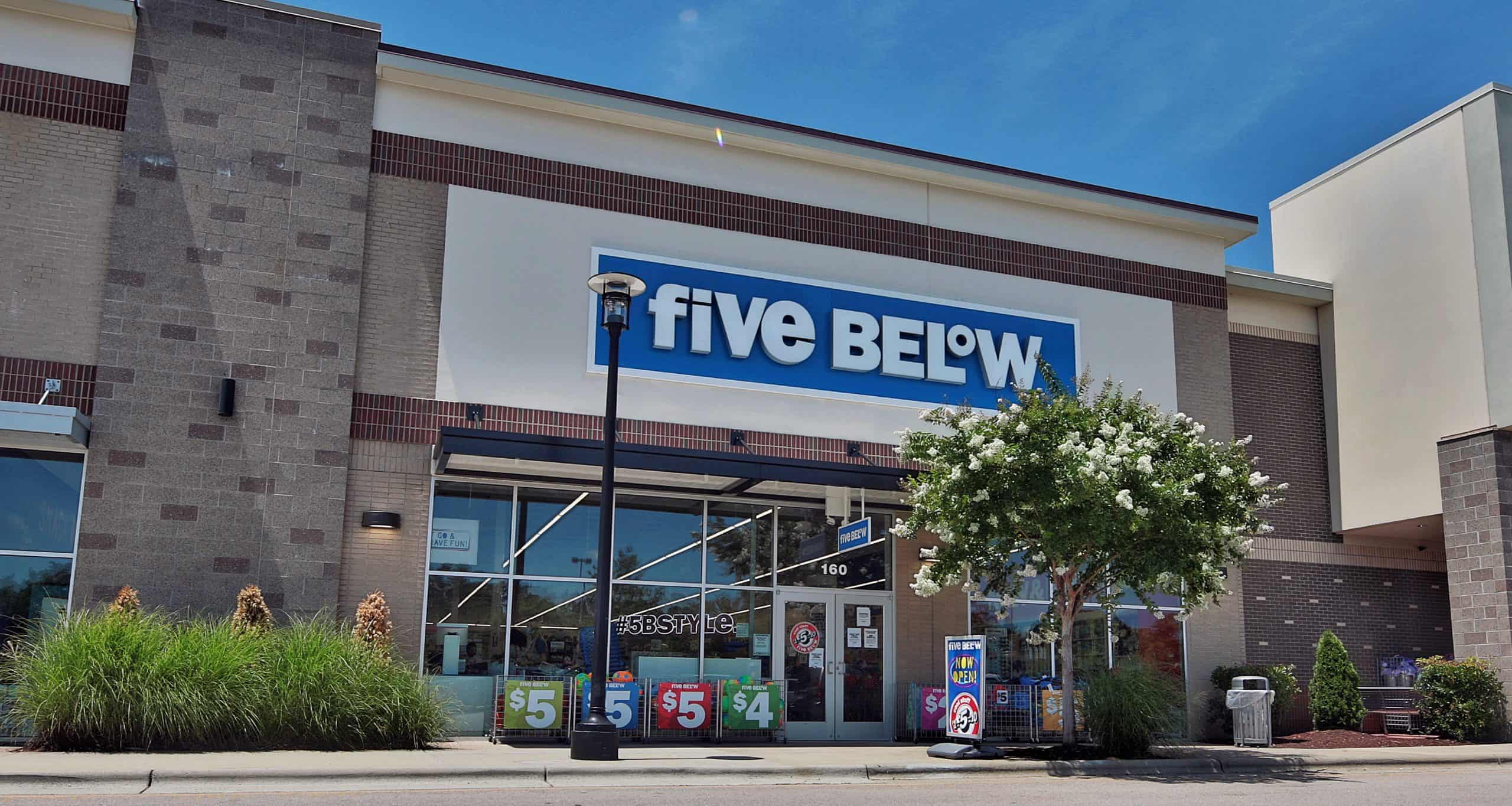 Five Below storefront with landscaping along the entrance in Holly Springs, NC.