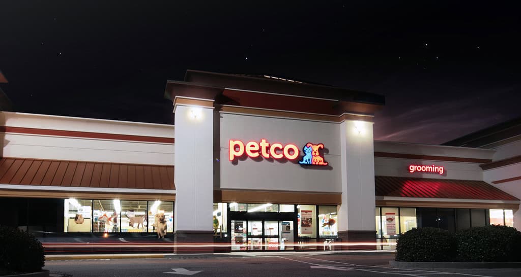 Illuminated Petco sign above the glass entrance in North Myrtle Beach at night.