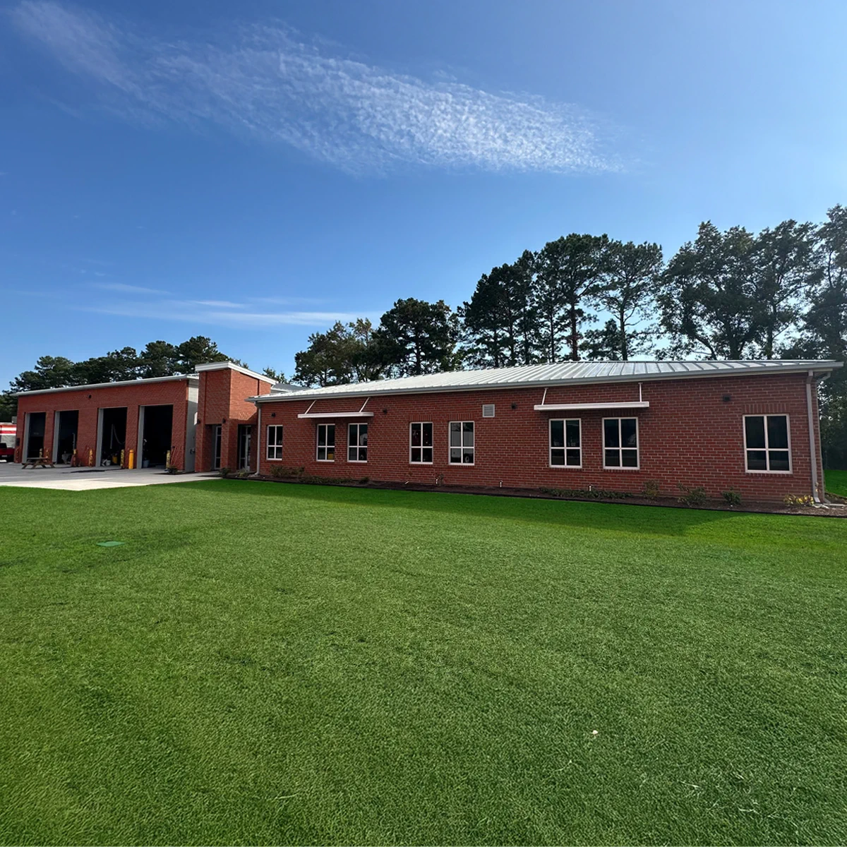 Brick exterior and apparatus bays at Horry County Fire Station 1 in Socastee, SC.