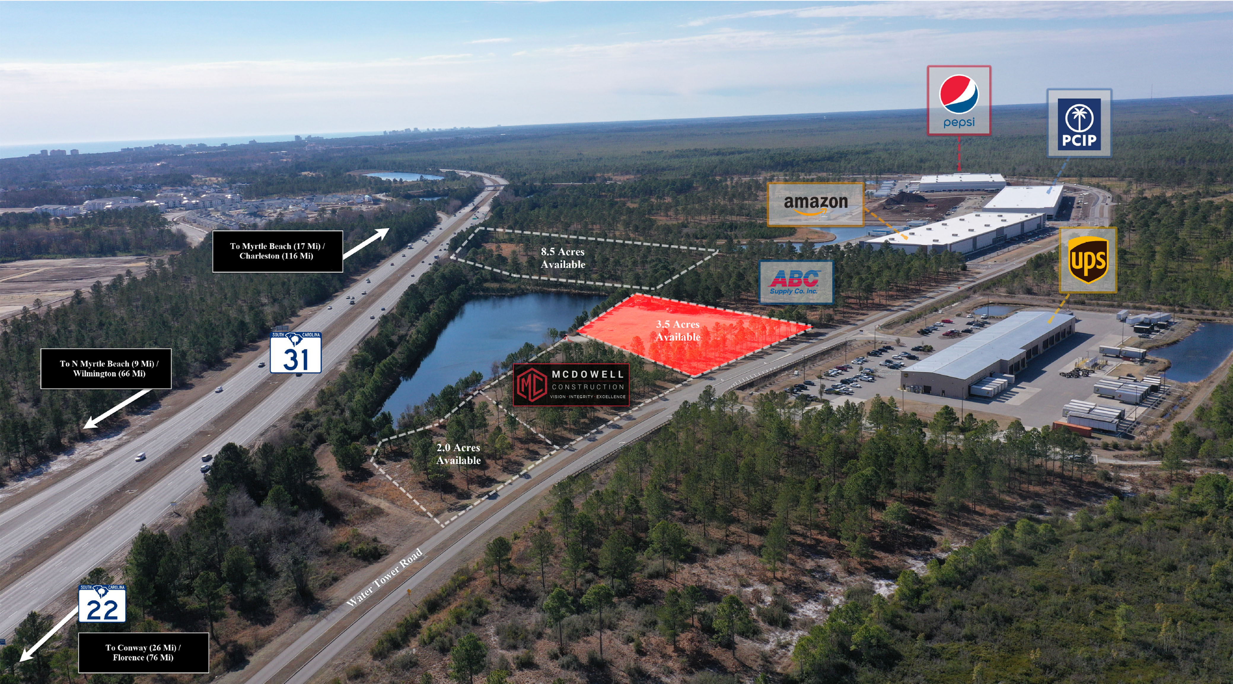 Aerial view highlighting the 3.5-acre McDowell Corporate Center development parcel in red along Water Tower Road near SC-31.