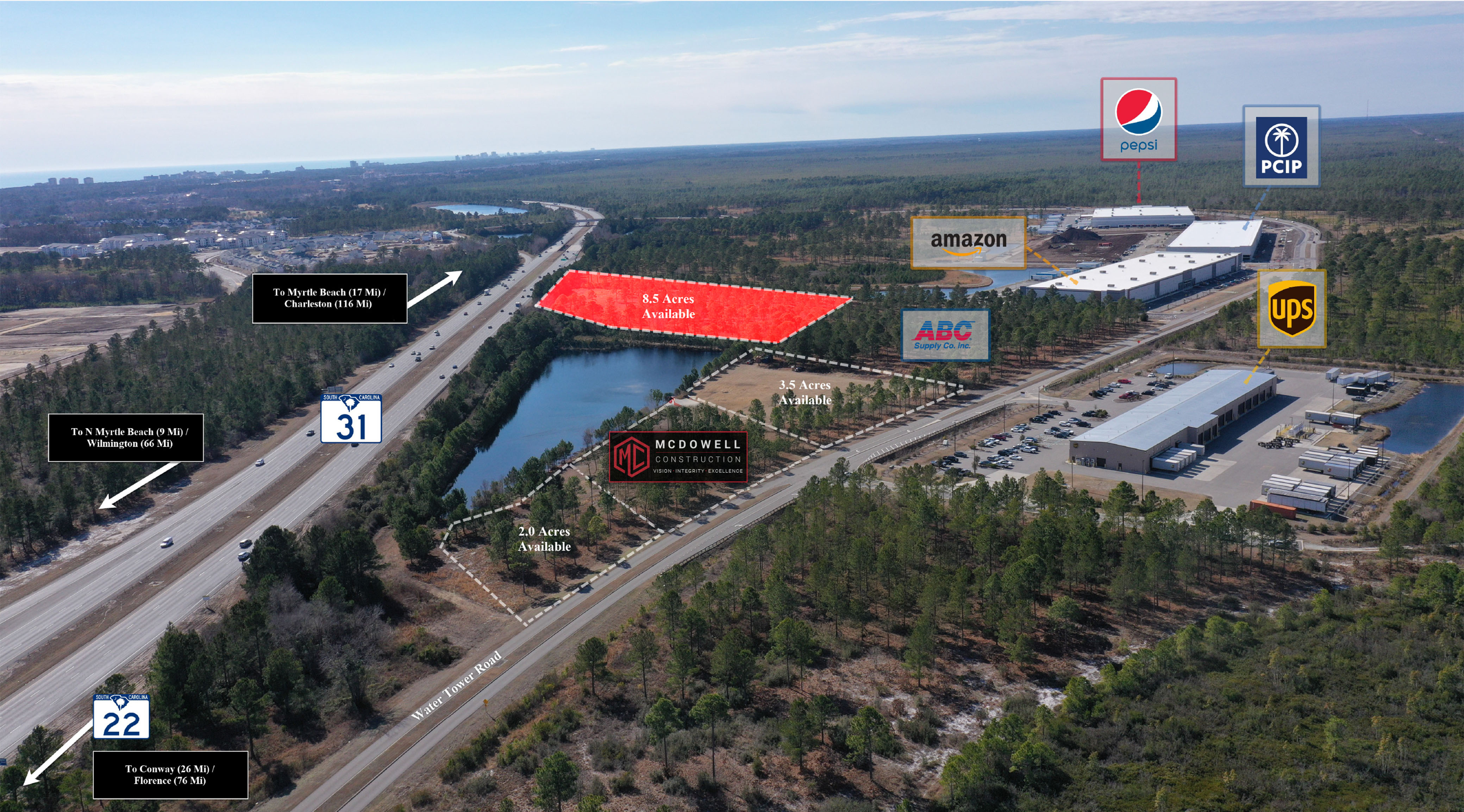 Aerial view highlighting the 8.5-acre McDowell Corporate Center development parcel in red along Water Tower Road near SC-31.