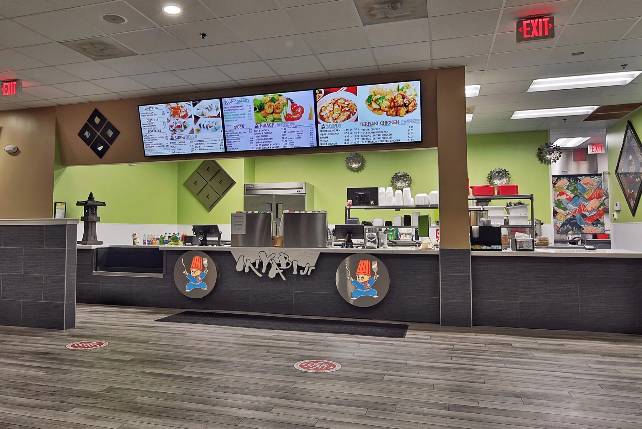 Miyabi Jr. ordering counter and digital menu screens in Tega Cay.