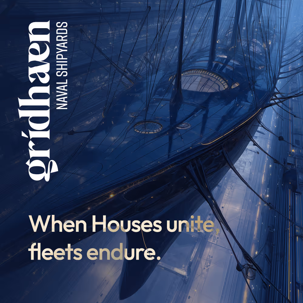 Ships with red sails sailing toward a futuristic citadel in glowing mist.