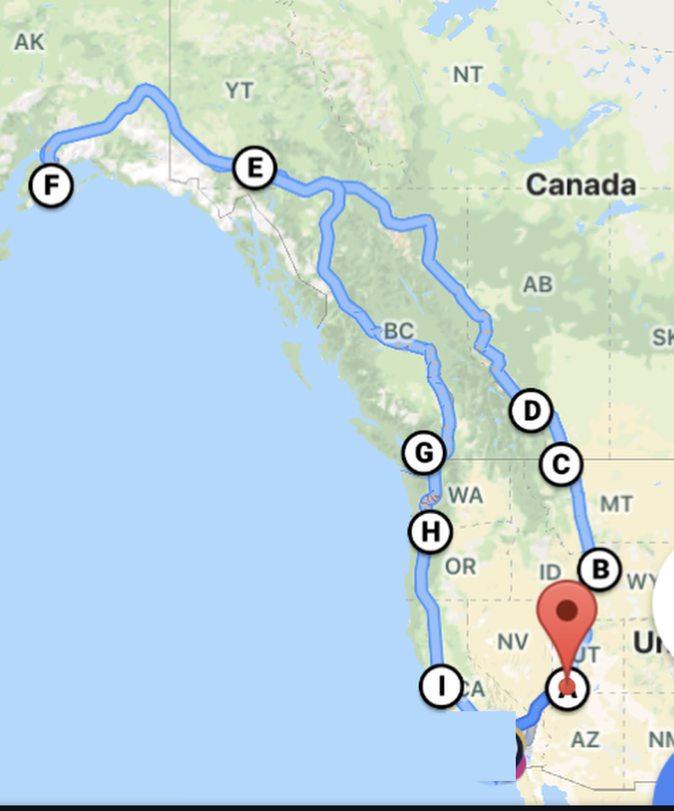 Hand-drawn route of a 15,000-mile road trip from California to Alaska and back
