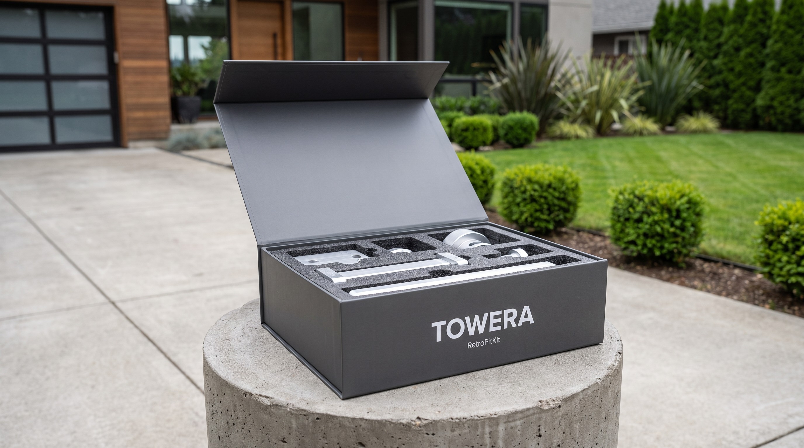 TOWERA RetroFitKit delivery box open on a residential driveway, machined components nested in foam