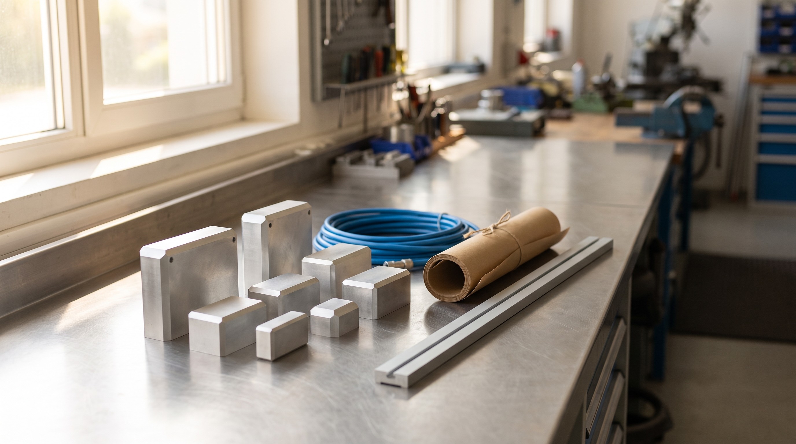 Precision-machined aluminum components laid out on an engineering workbench in soft daylight