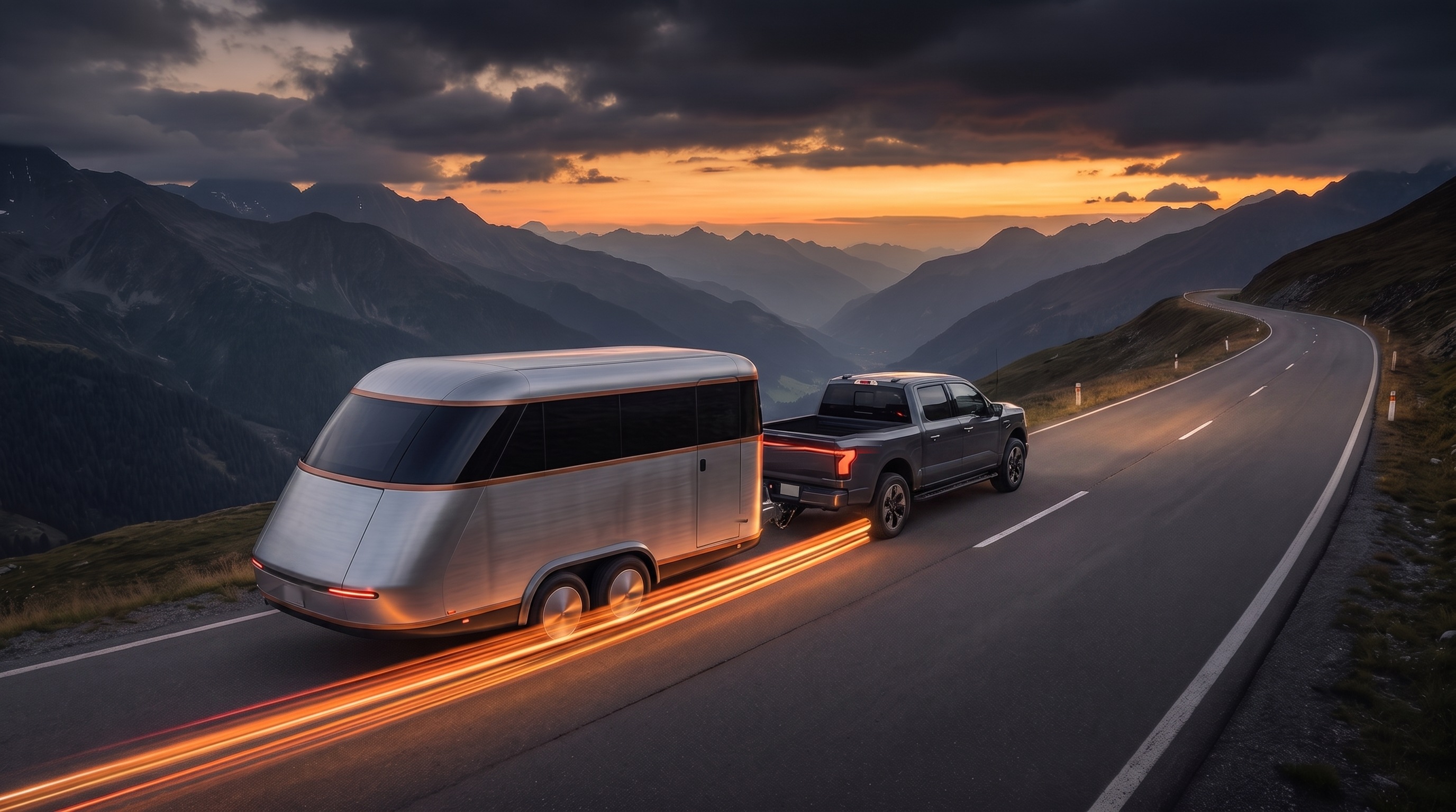 Electric pickup towing the TowEra silver trailer with front caster assembly over an alpine mountain pass at dusk, warm light trail behind
