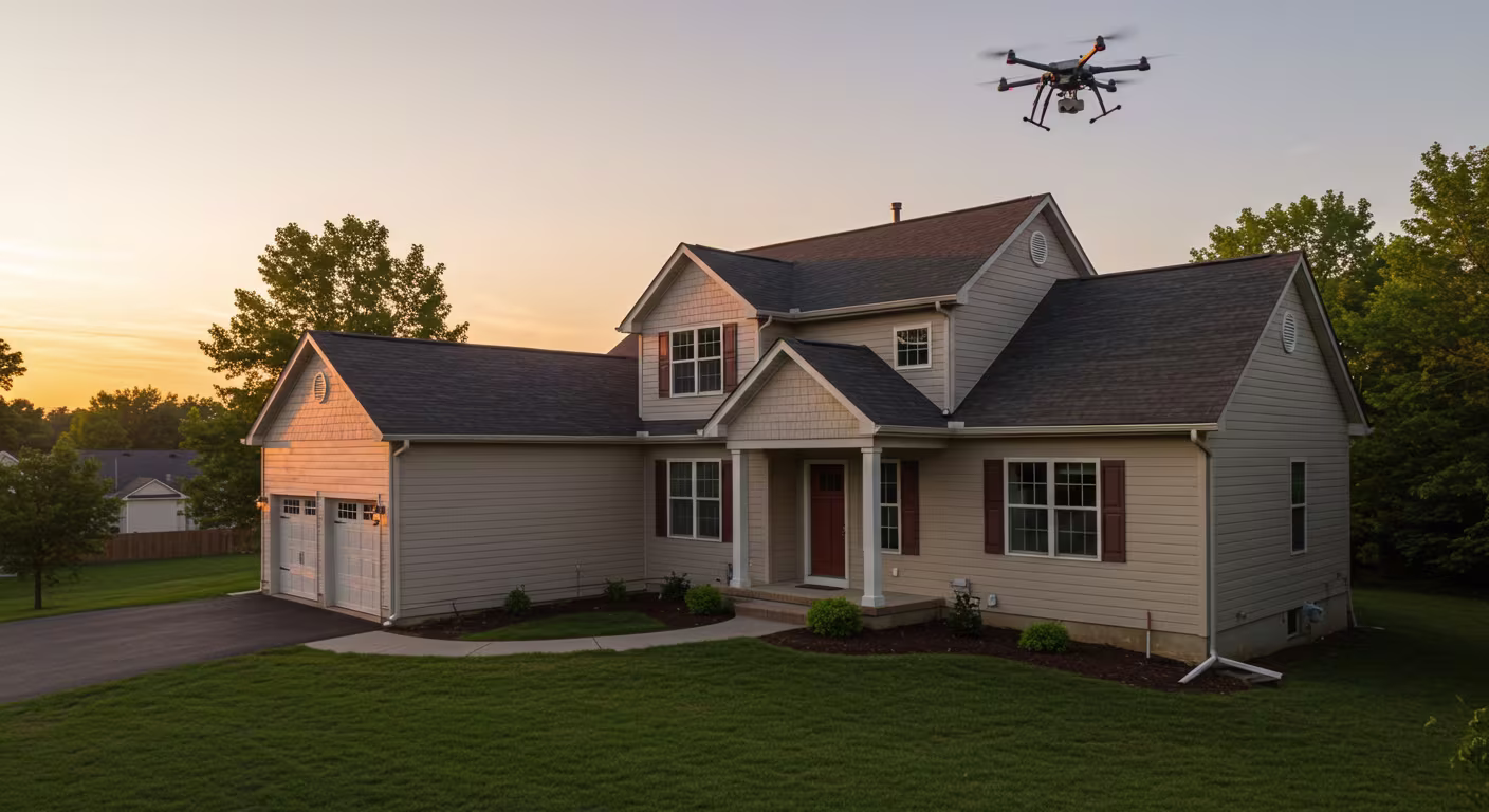 Wide shot of house with drone flying nearby