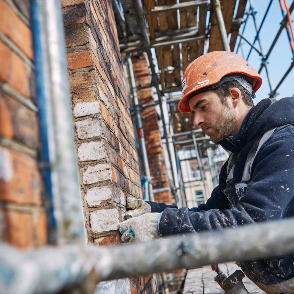 builder fixing a cracked wall on a brick house, crack stitching