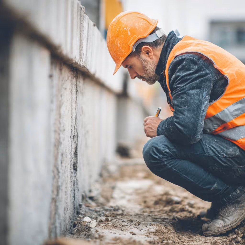 structural repair engineer inspecting a large concrete foundation, structural repair services london