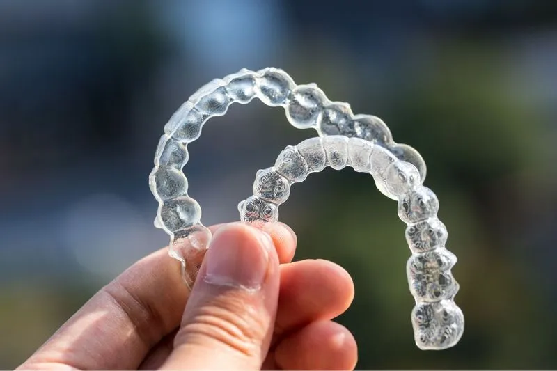 Close-up of a hand holding a transparent clear aligner with a blurred outdoor background, showing the orthodontic appliance.