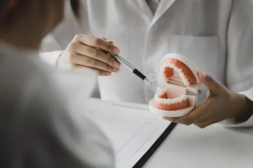 A dentist using a dental model and tool to explain oral anatomy and treatment options during a patient consultation.