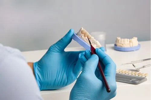 A dental lab technician in gloves using a fine brush to apply detail to a ceramic crown on a model for color accuracy.