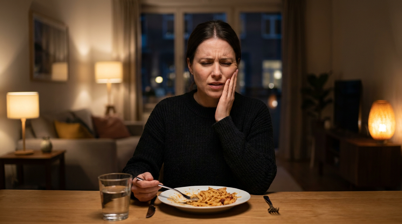 Rachel, a woman in her early thirties, clutches her jaw with one hand, a look of sudden discomfort on her face.