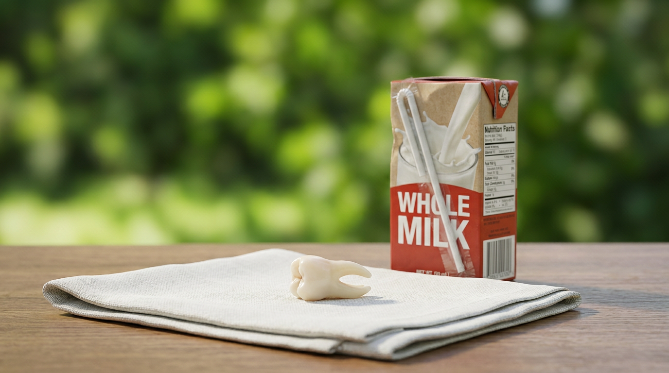 A close-up, sharp-focus shot of a knocked-out tooth resting delicately on a clean white linen napkin, surrounded by a small carton of milk.