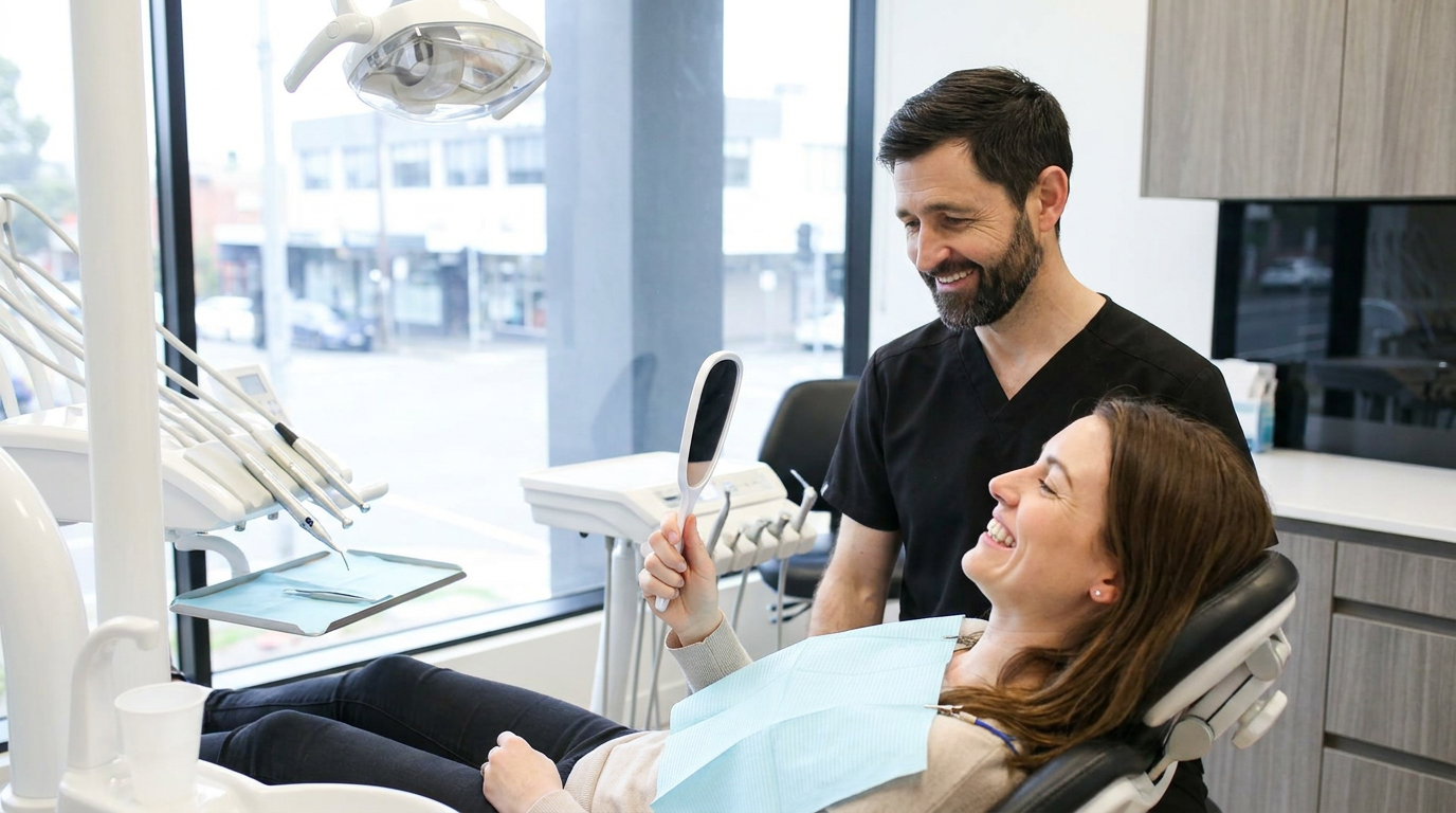 Rachel, a woman in her early thirties, is visible in a modern dental chair, holding a small handheld mirror and examining her smile with a satisfied, relieved expression after a dental bonding procedure.