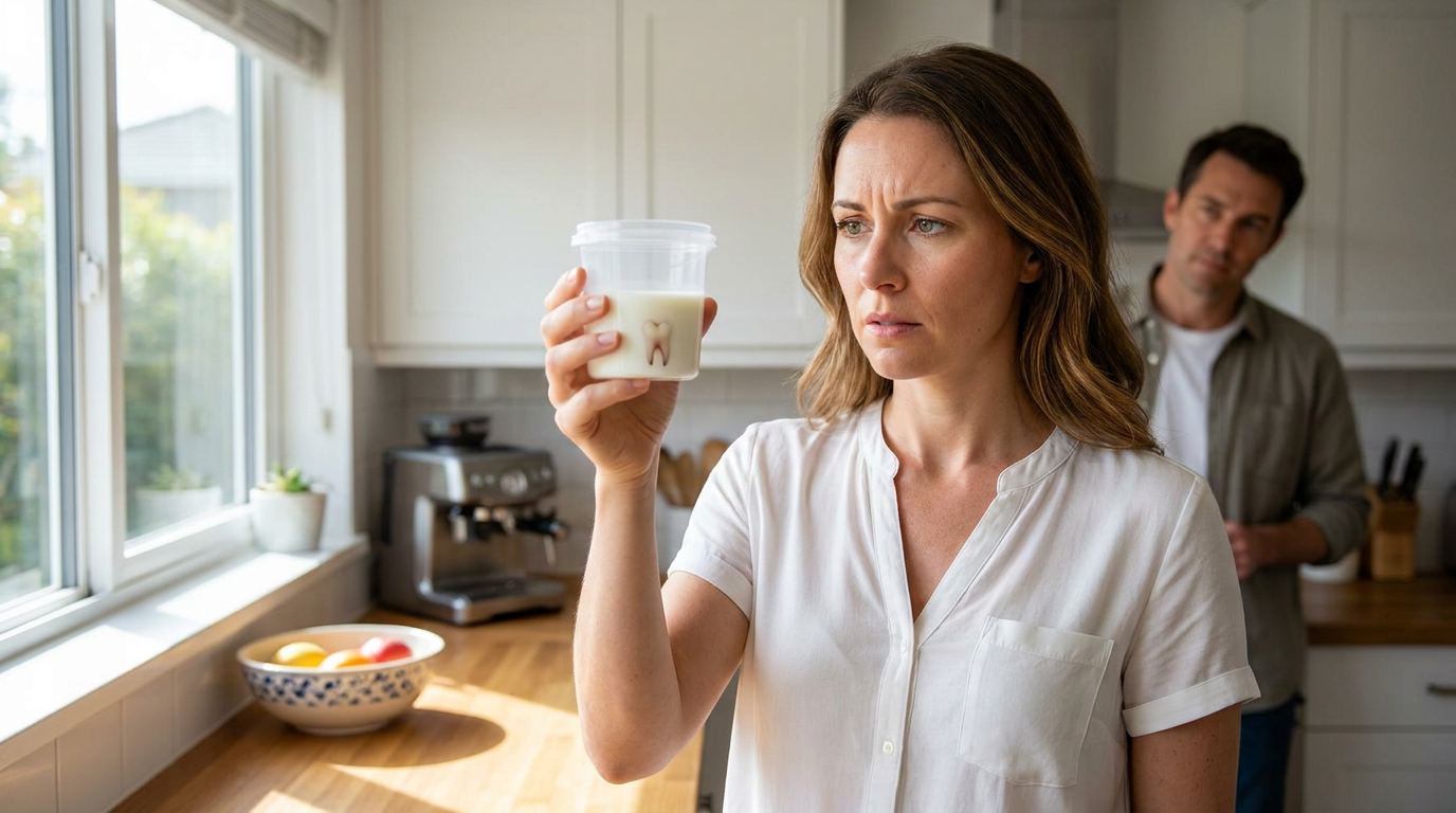 Megan, carefully holds a small, clear container filled with milk, inside which a single tooth is visible.