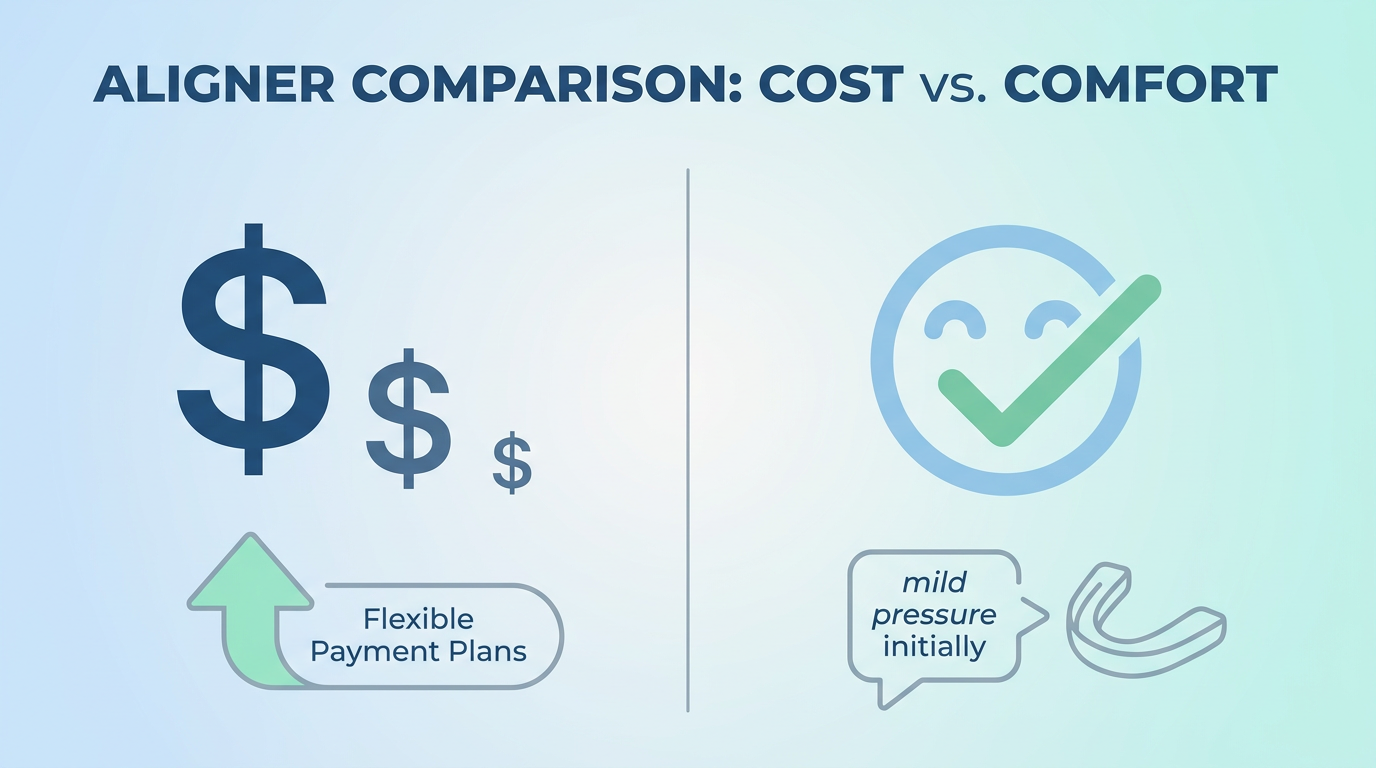 Minimal-text infographic comparing "Cost" and "Comfort" for Invisalign.