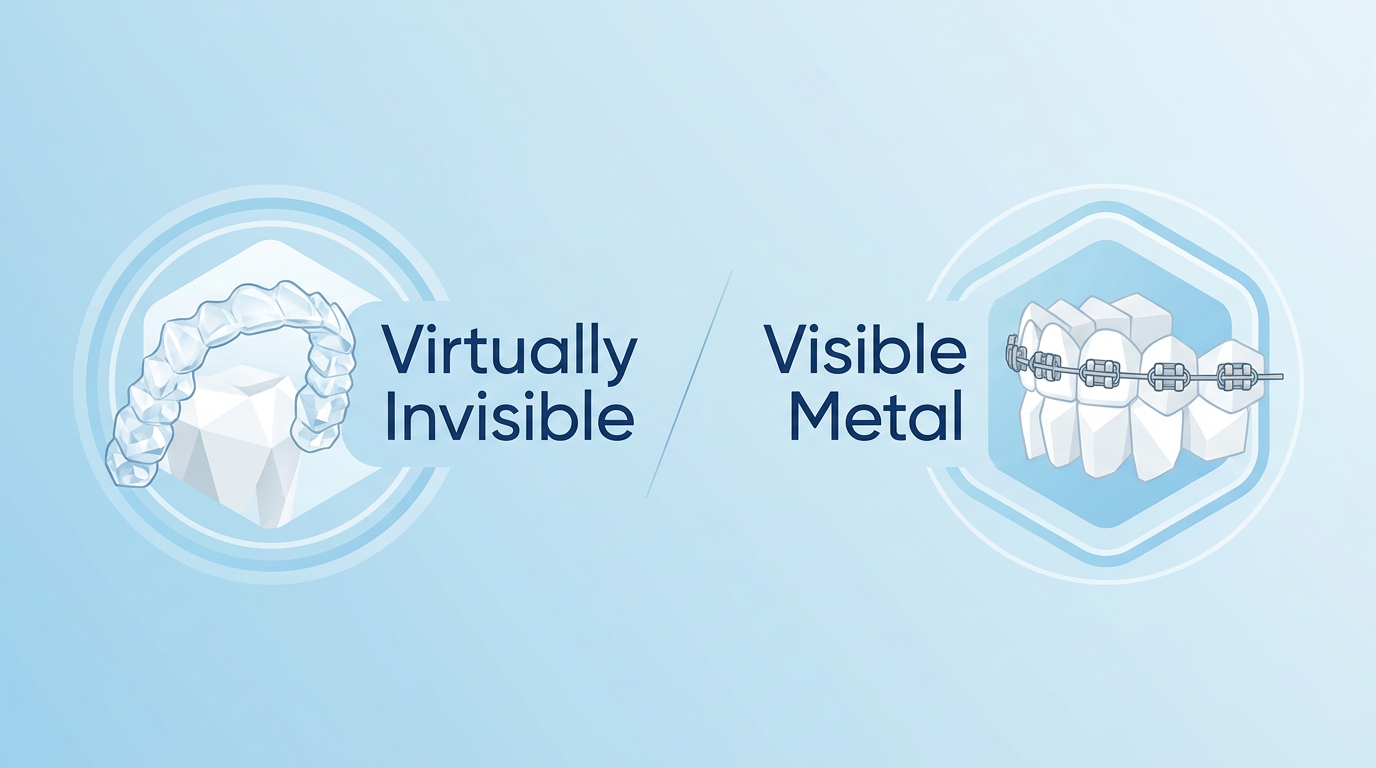 Infographic-style comparison: two icons, one invisible clear aligner and one visible metal brace, with text "Virtually Invisible" next to the aligner and "Visible Metal" next to the brace.