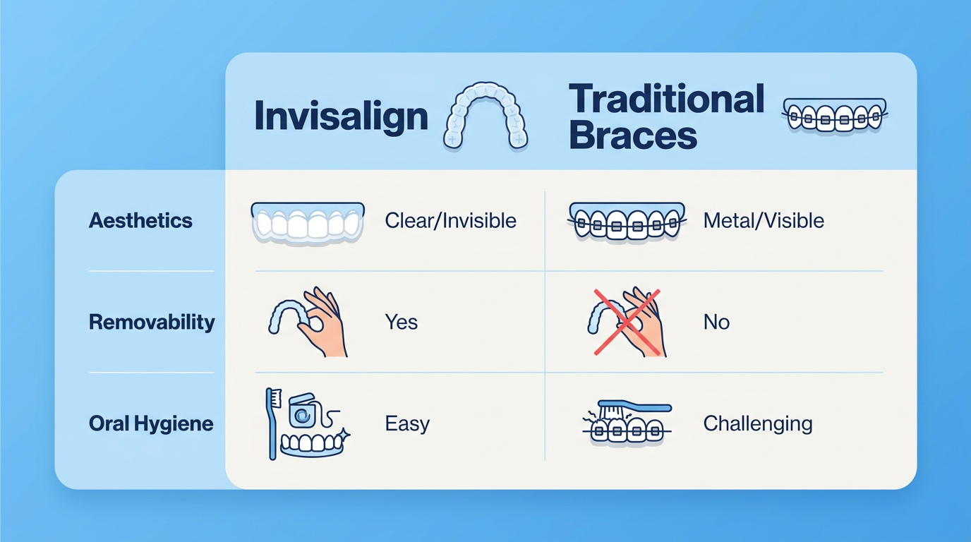 Minimal-text table-style comparison: two columns, "Invisalign" and "Traditional Braces." Rows: "Aesthetics: Clear/Invisible vs.