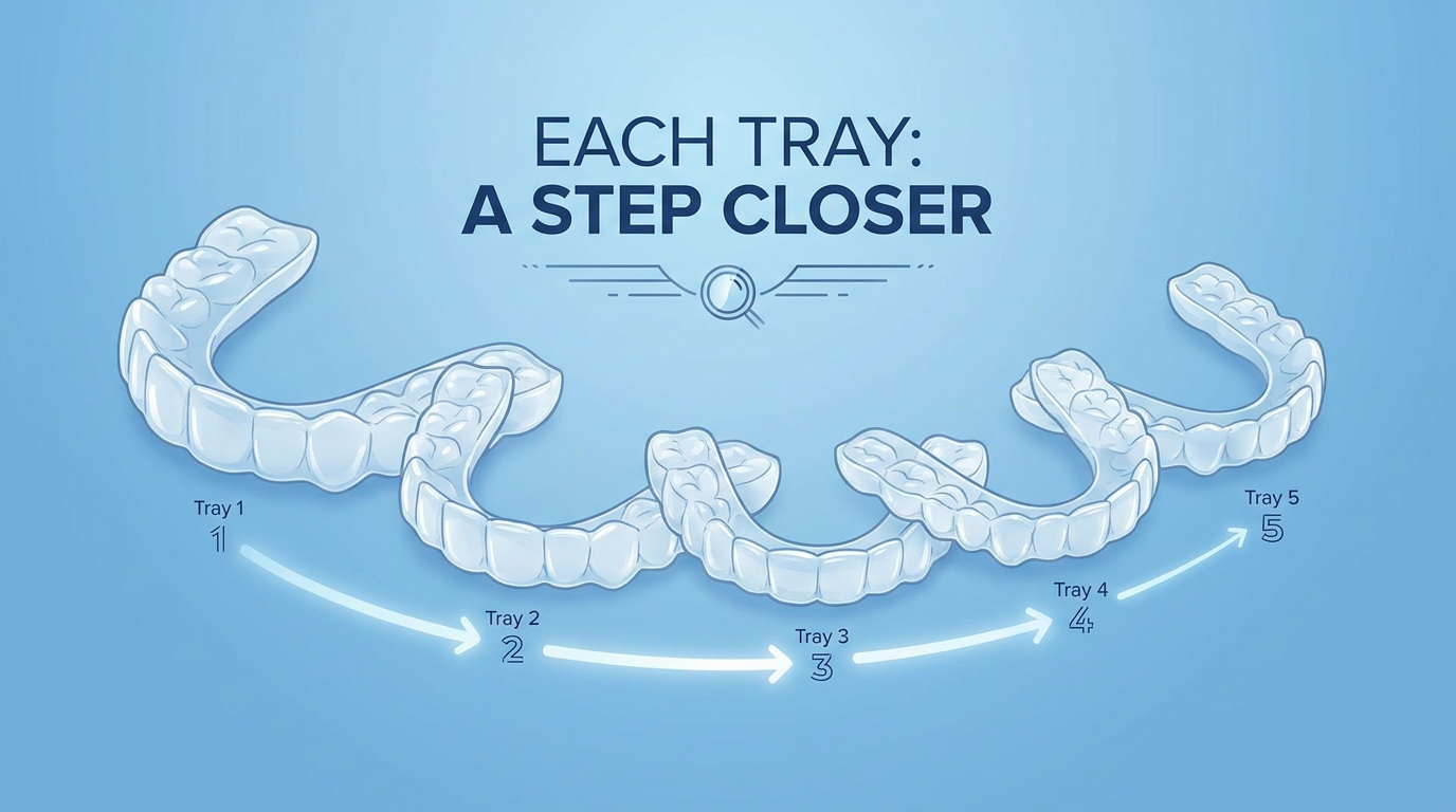 Callout-style visual: a progression of five clear aligner trays, slightly overlapping, tapering from one end to the other, against a soft blue background.