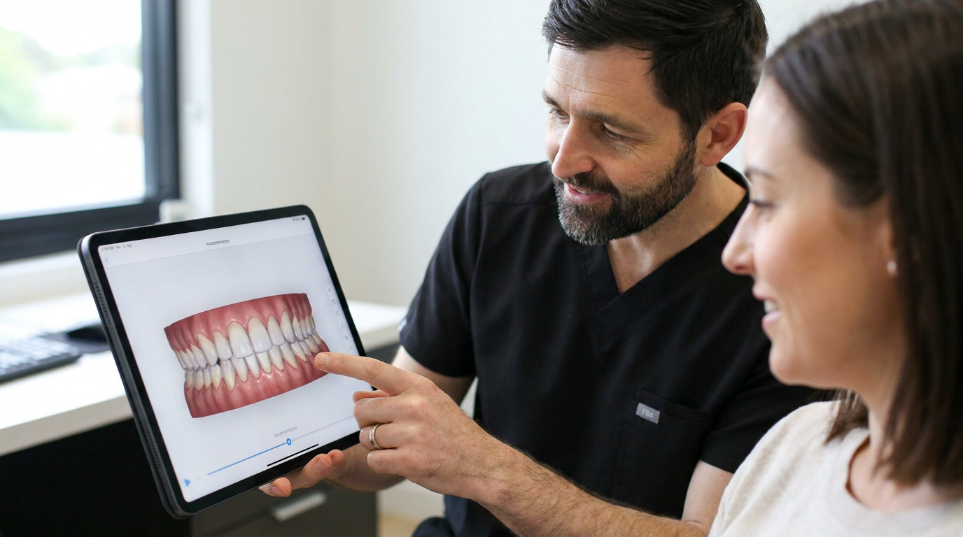 Photorealistic. Close-up of a digital simulation on a tablet screen showing teeth gradually shifting from misaligned to straight, with Grace, and Dr. David Bates, subtly in the background looking at the screen.