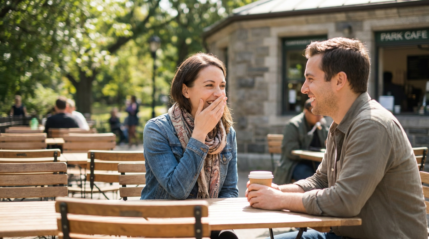 Photorealistic. Grace, subtly covering her mouth with her hand while laughing with a friend at a park cafe, expression of self-consciousness.