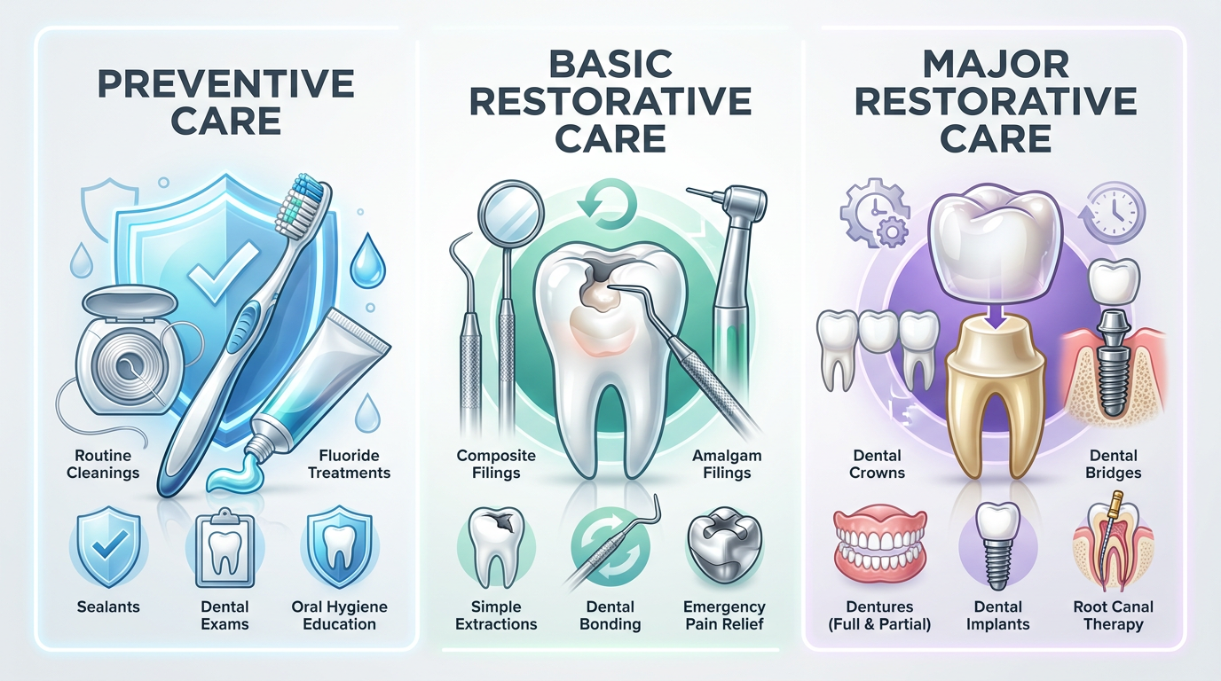 An infographic illustration displaying three categories of dental services: "Preventive Care," "Basic Restorative Care," and "Major Restorative Care." Each category has corresponding icon-like graphics, such as a toothbrush, a simple tooth