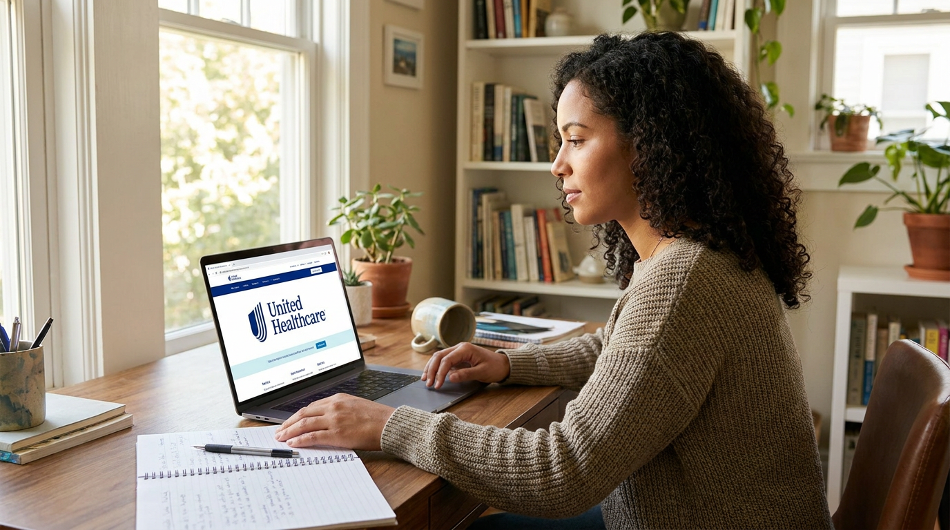 A woman in her 30s sits at a wooden desk, focused on her laptop screen, with a United Healthcare logo visible on a webpage.