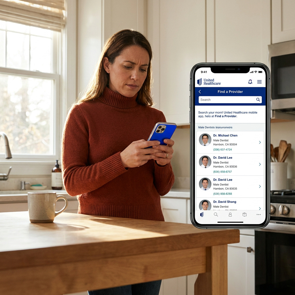 Ava holds her phone, viewing the "Find a Provider" section of the United Healthcare dental app in her kitchen.