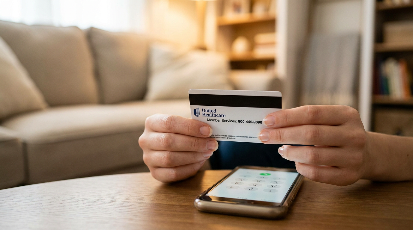 A close-up of a young woman's hands holding a United Healthcare dental insurance ID card, with the member services phone number clearly visible.