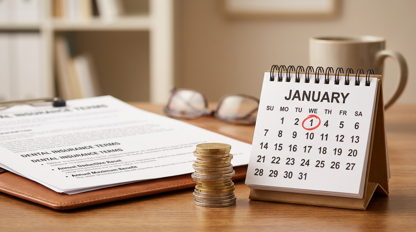 A close-up still life featuring a stack of coins alongside a miniature calendar that has "Jan 1" circled, symbolizing the annual reset of deductibles.