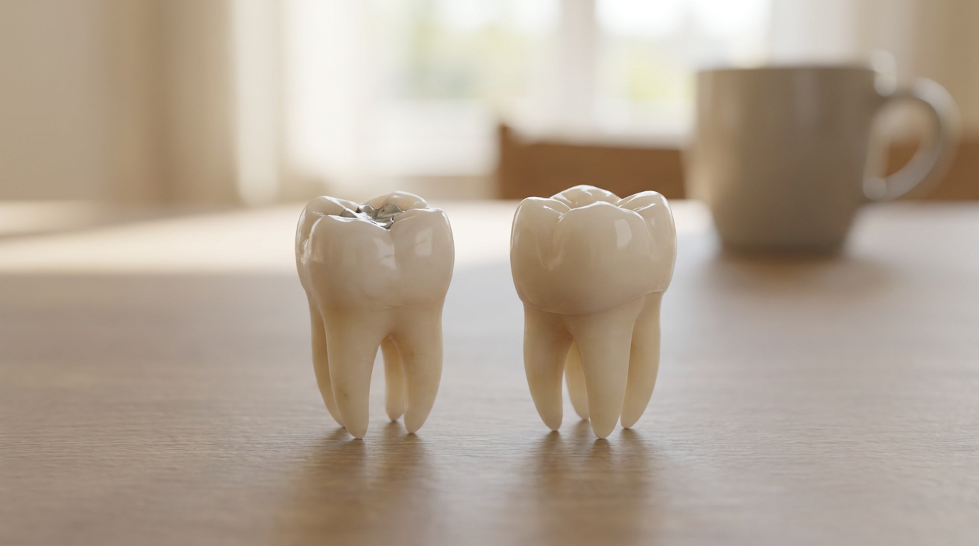 Two dental models, one with a silver filling and one without, stand side-by-side on a wooden surface with a blurred white mug in the background.