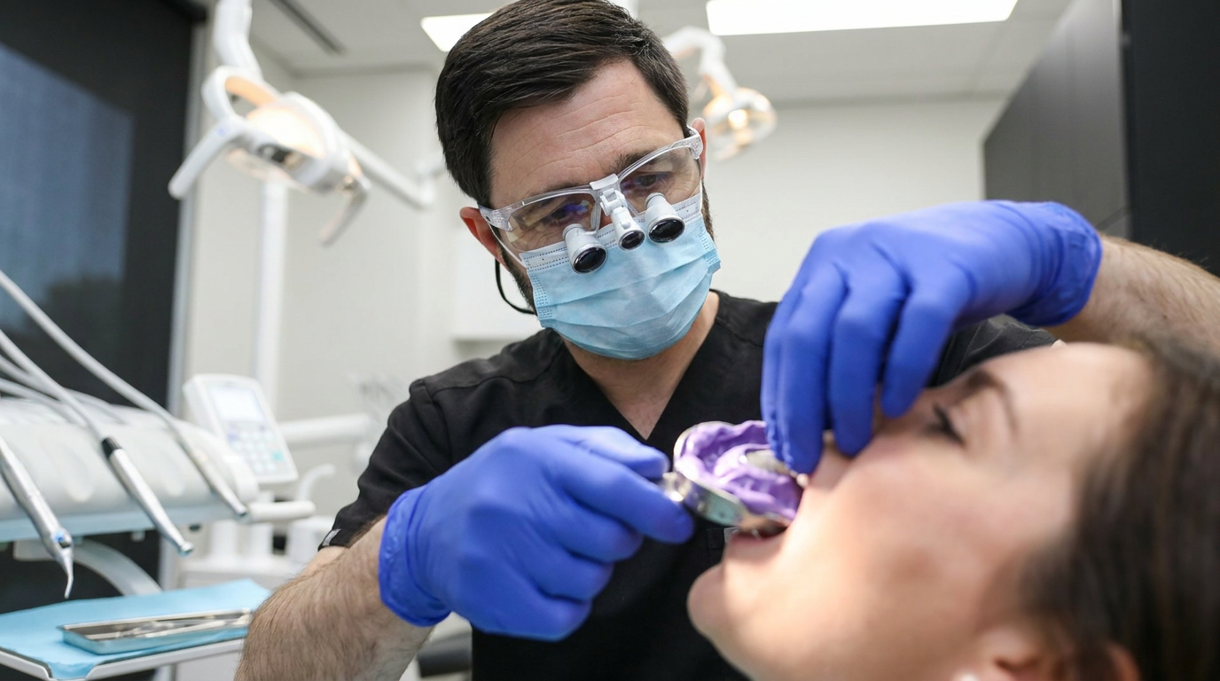 A dentist in a black scrub top, blue face mask, clear safety glasses, and blue gloves takes an impression of a patient's upper teeth in a dental office.