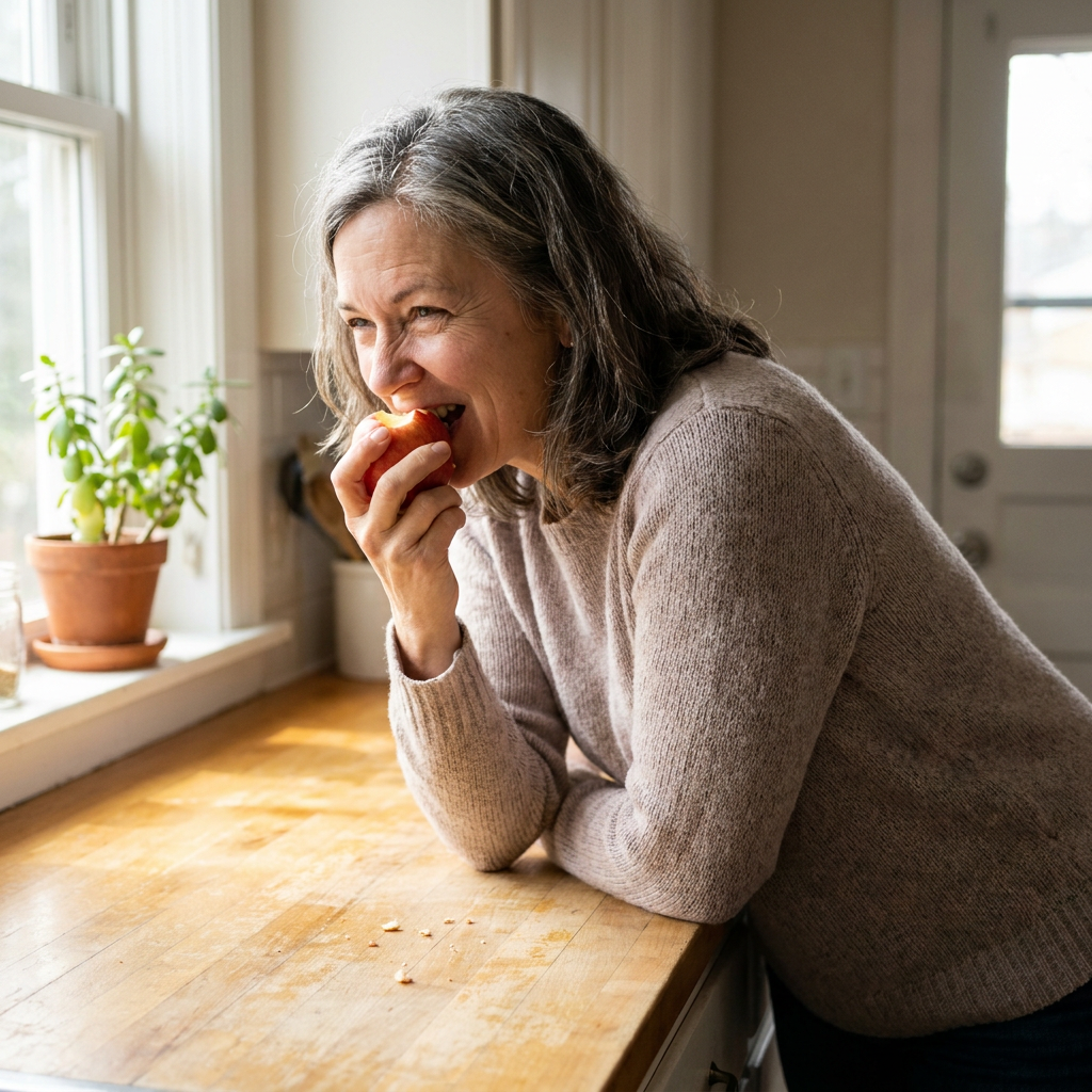 Linda, a woman with graying hair, leans on a wooden kitchen counter and bites into a red apple, with a potted plant on the windowsill behind her.
