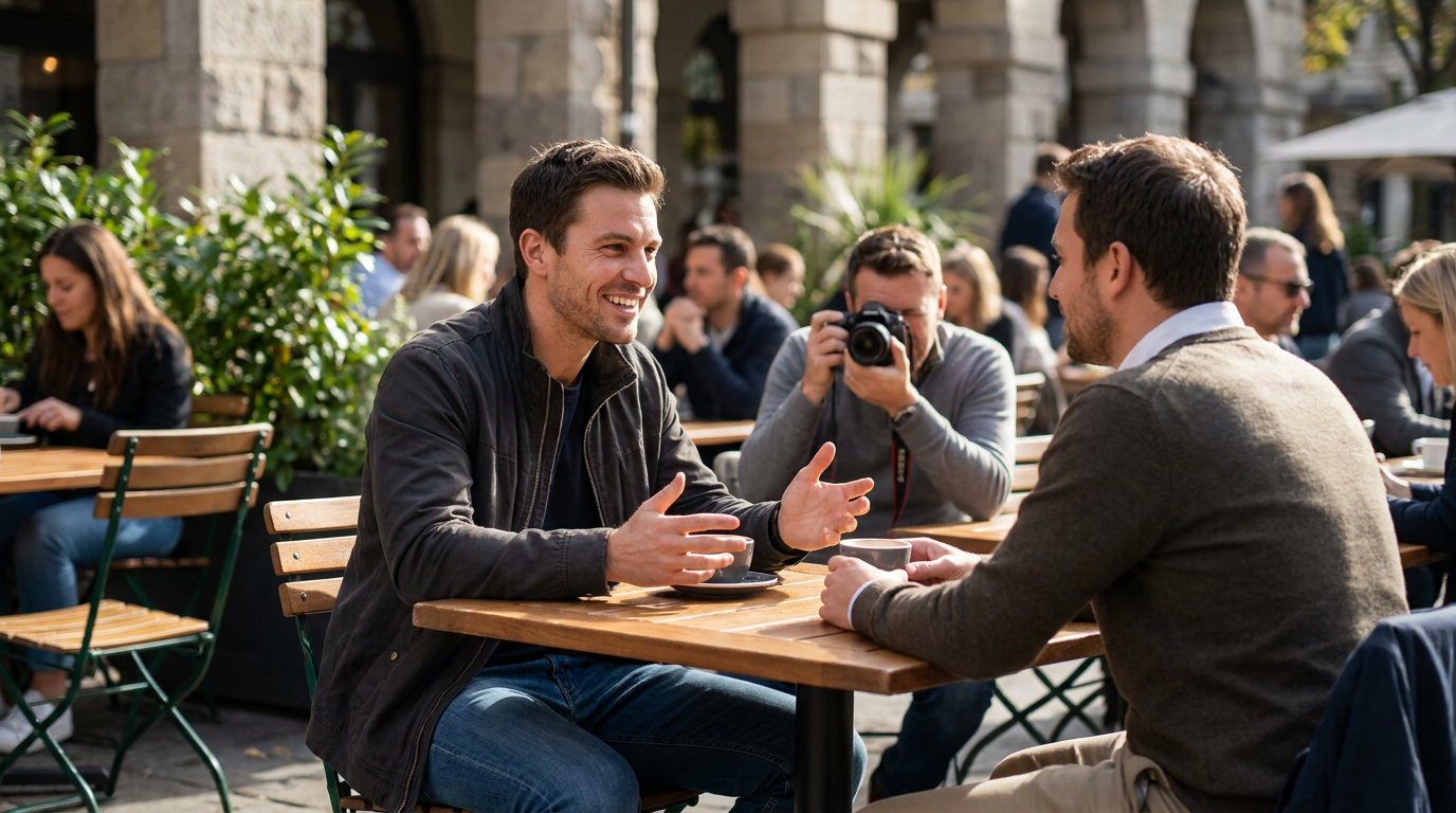 Jacob, wearing a dark jacket and blue jeans, smiles and gestures with his hands while talking to another man across a wooden table at an outdoor cafe.