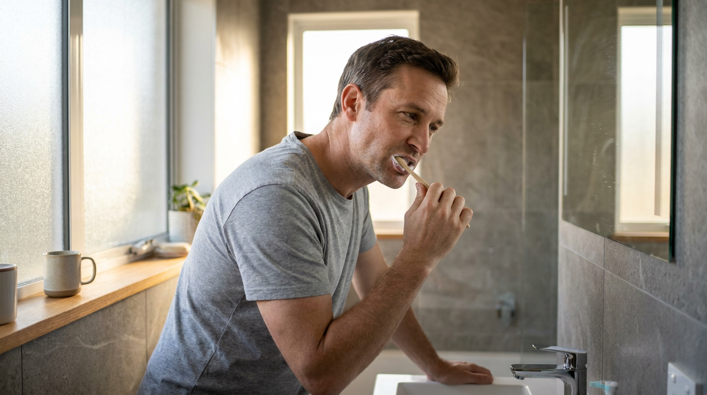 Jacob, wearing a gray t-shirt, brushes his teeth in a bathroom with a window and a mirror, leaning over a white sink with a faucet.