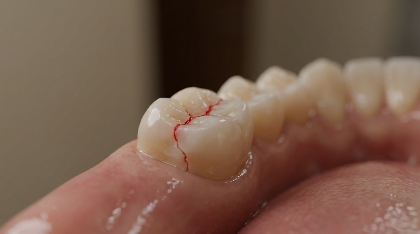 A close-up view shows a molar with a red fissure line on its surface, positioned next to other blurry teeth within a mouth.