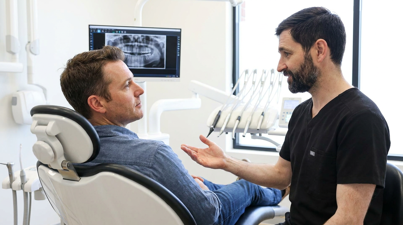 Dr. David Bates, wearing black scrubs, gestures with his right hand while speaking to Jacob, who is seated in a dental chair, with a monitor displaying dental X-rays in the background.